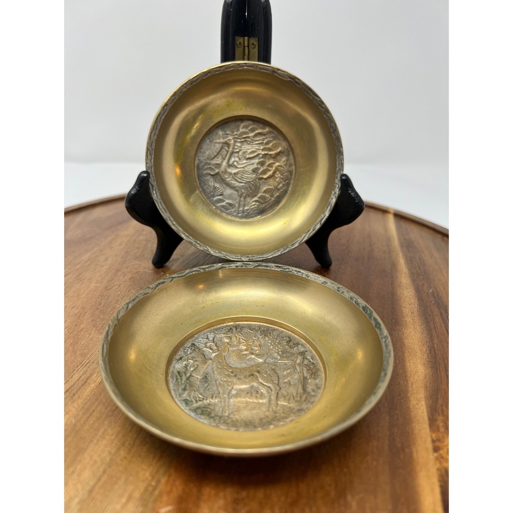 Vintage Brass Trinket Dish Set Korea Embossed Crane Deer Asian‎ Decor